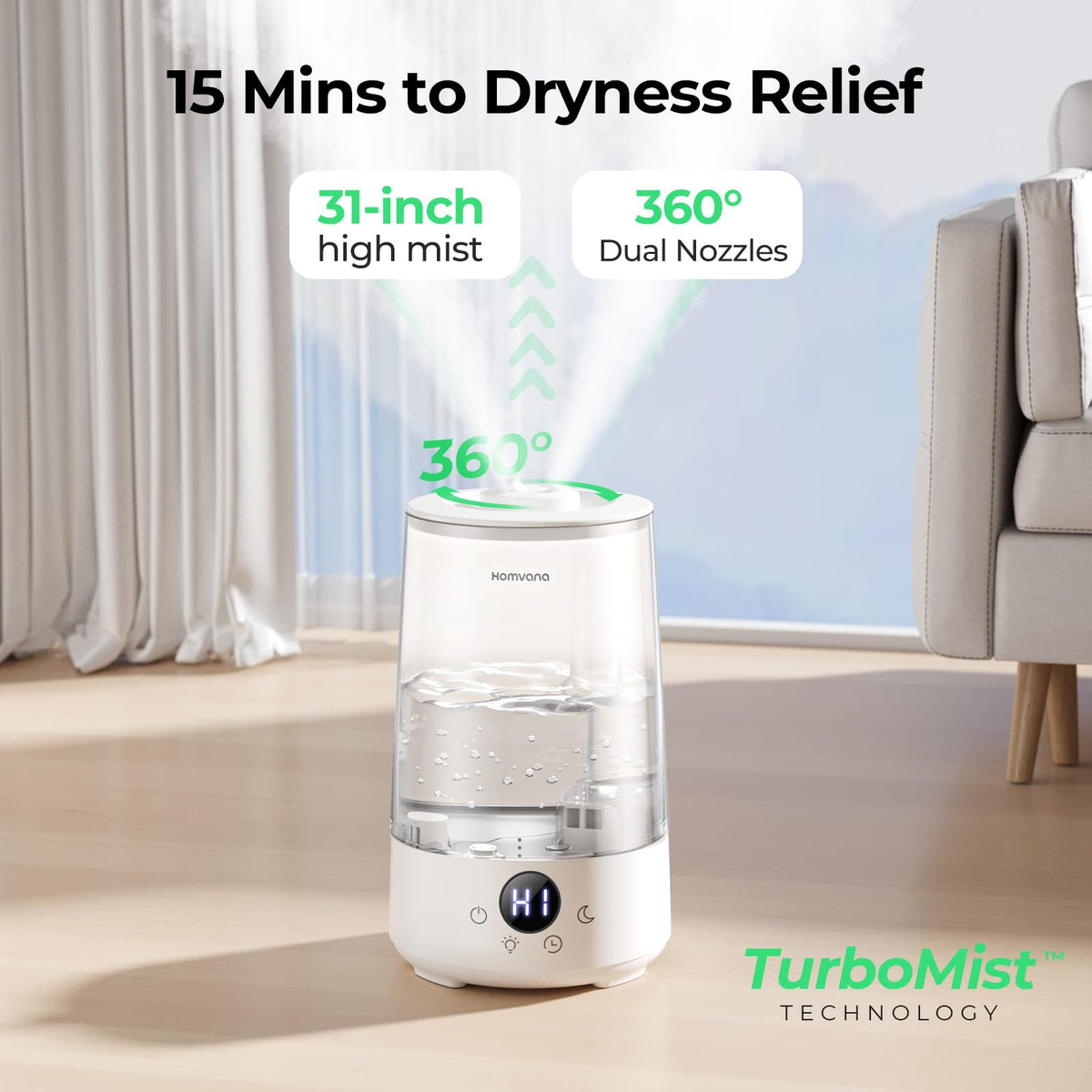 Homvana 3.6L Top-Fill Humidifiers for Bedroom Home, 360° Cool Mist, 16dB
