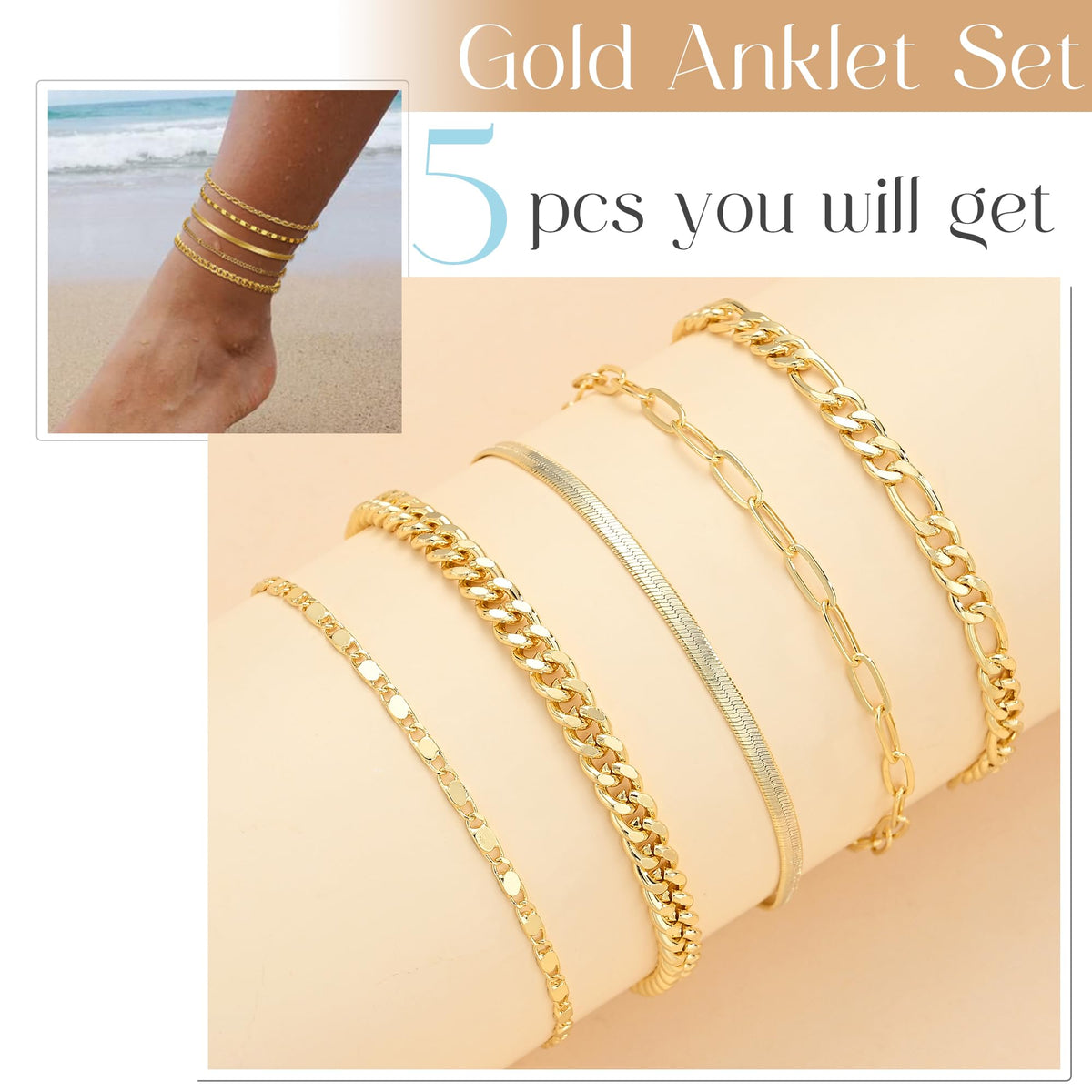 14K Gold-Plated Layered Anklet Set for Women, 5 Pieces, Adjustable