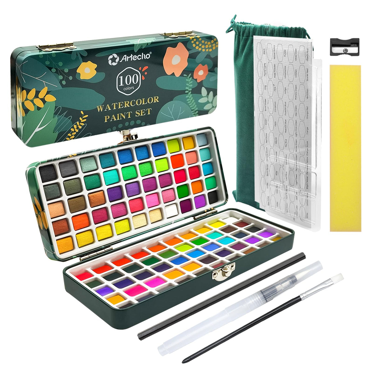 Artecho Watercolor Paint Set, 100 Colors, Portable Box with Brushes