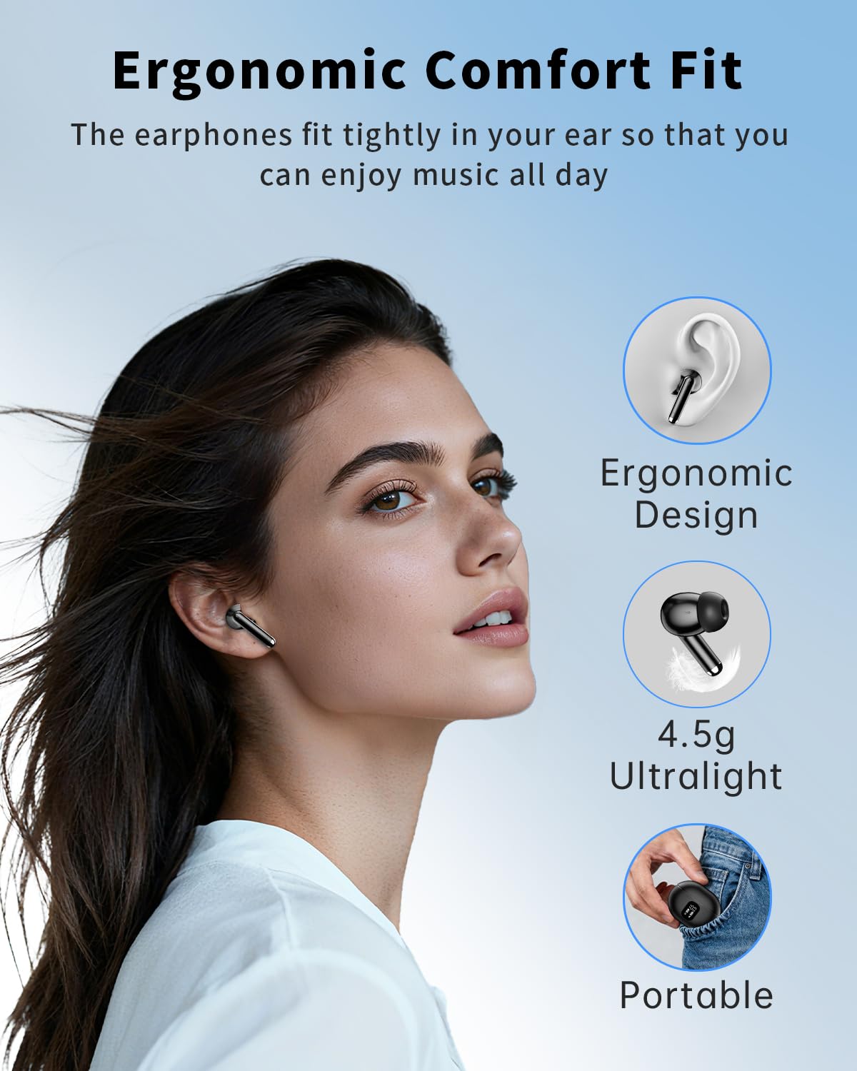 Bluetooth 5.4 Wireless Earbuds with LED Display, Carbon Black