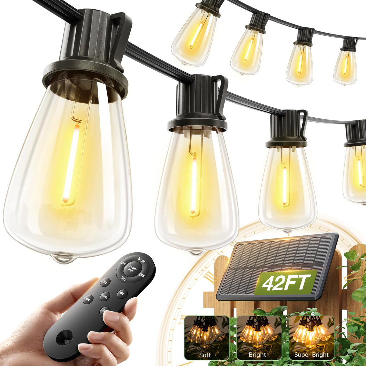 addlon 42 ft Solar Outdoor String Lights with Remote and USB
