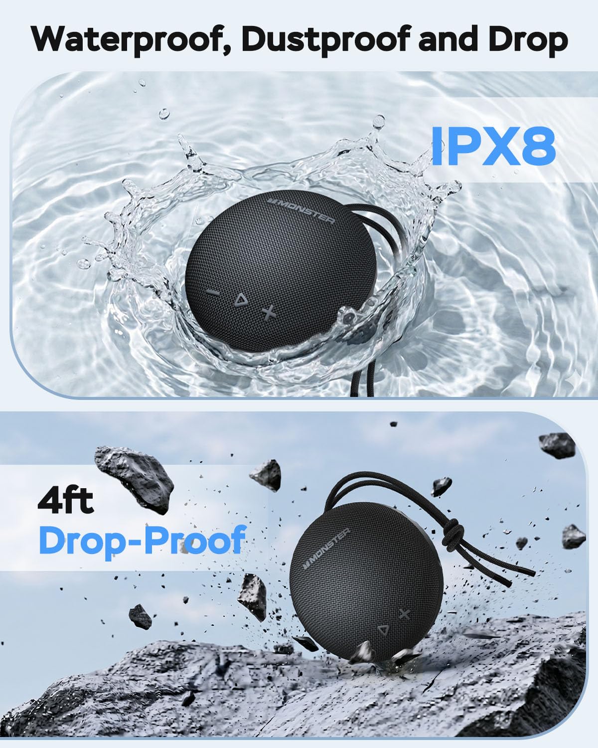 Monster IPX8 Waterproof Bluetooth 5.4 Shower Speaker