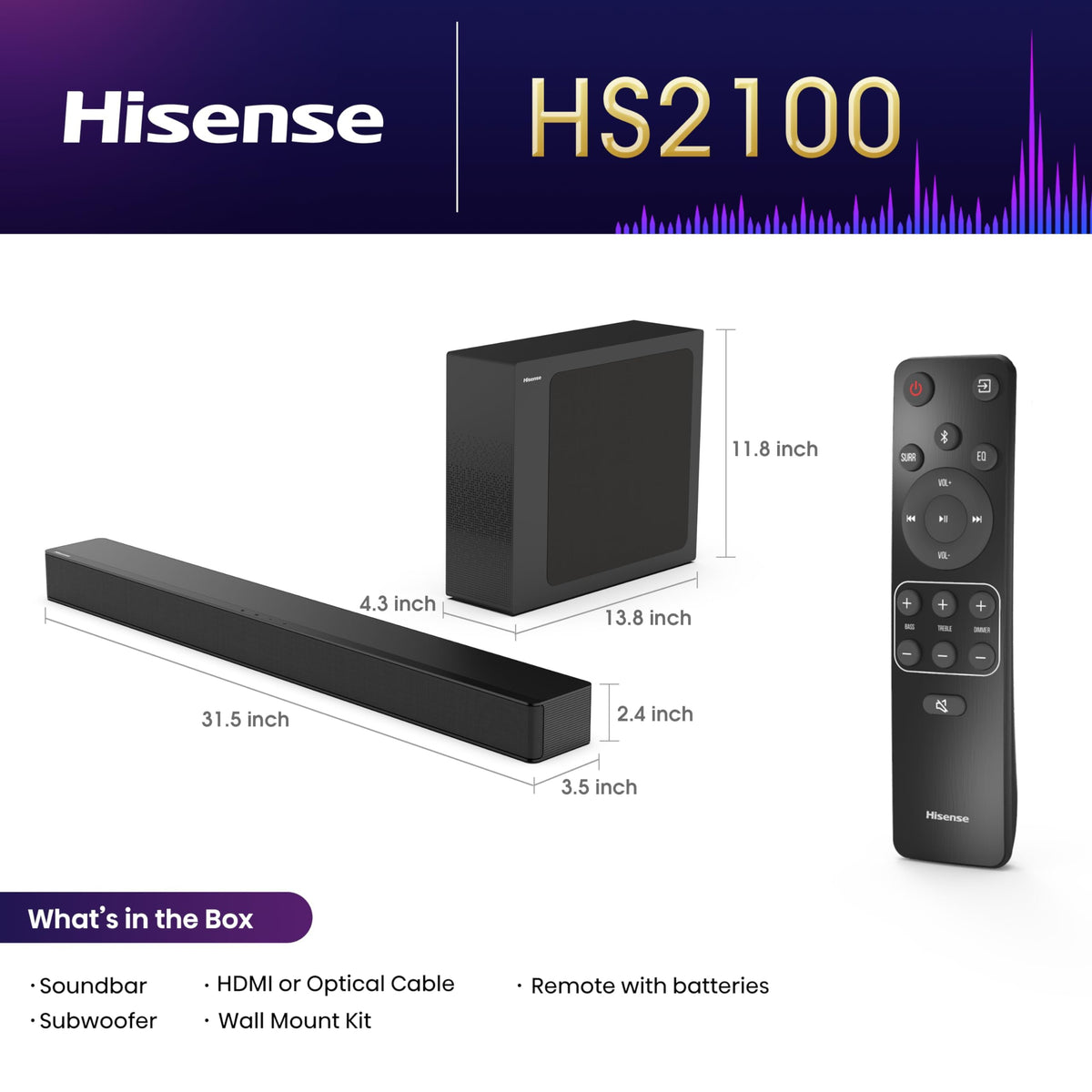 Hisense HS2100 2.1 Channel 240W Soundbar with Wireless Subwoofer
