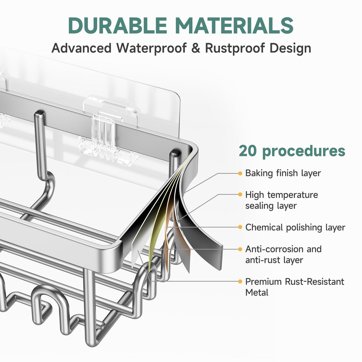 Veken Adhesive Shower Caddy with Soap Holder, 3-Pack, Silver