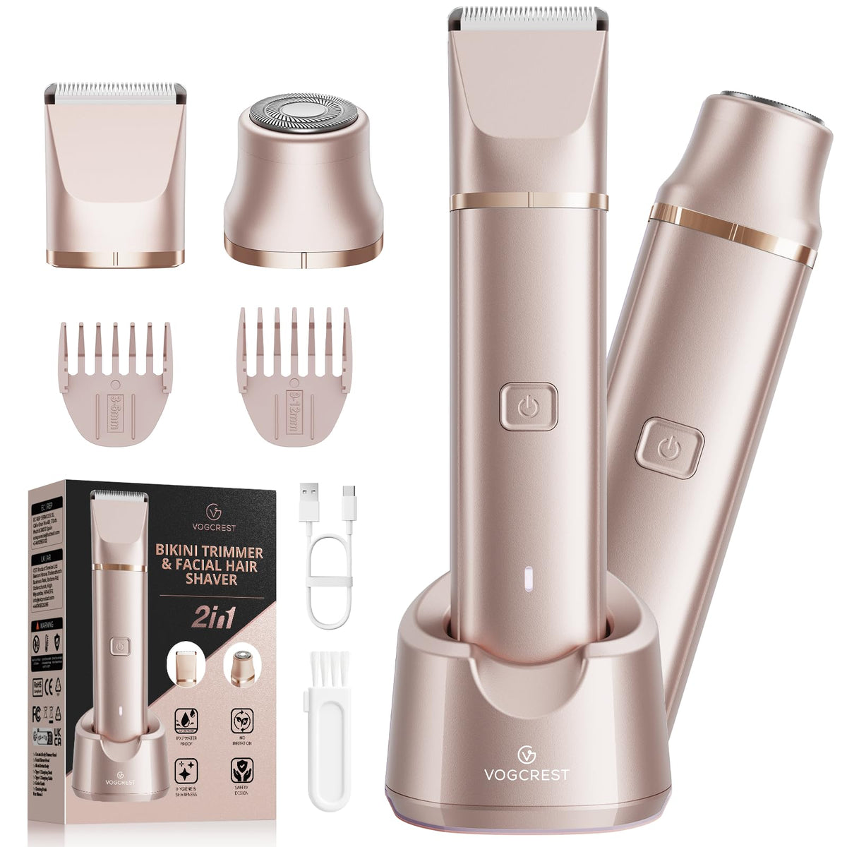 VOGCREST 2-in-1 Rechargeable Bikini Trimmer for Women, Gold