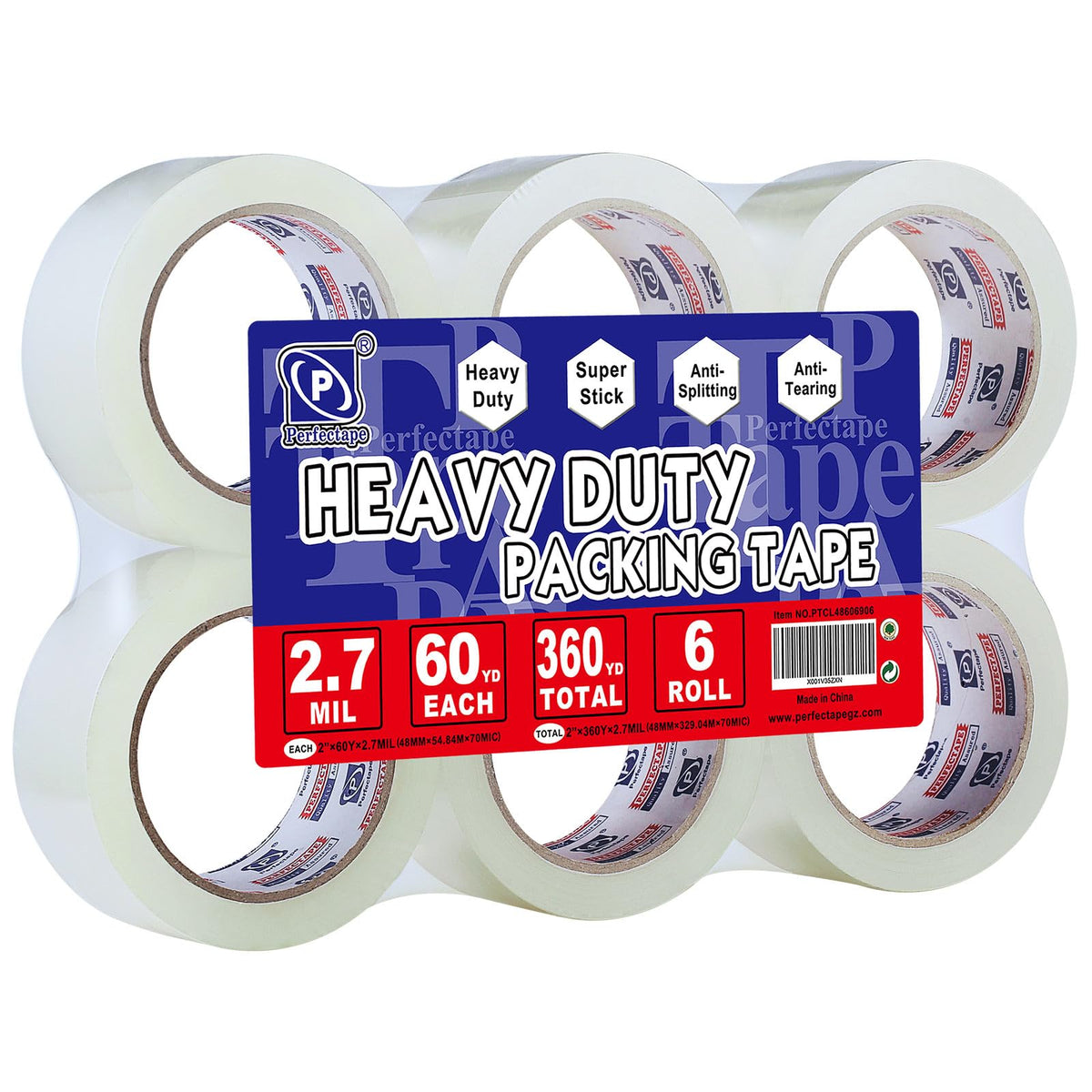PERFECTAPE Heavy-Duty Clear Packing Tape, 1.88" x 60 yd (6 Rolls)