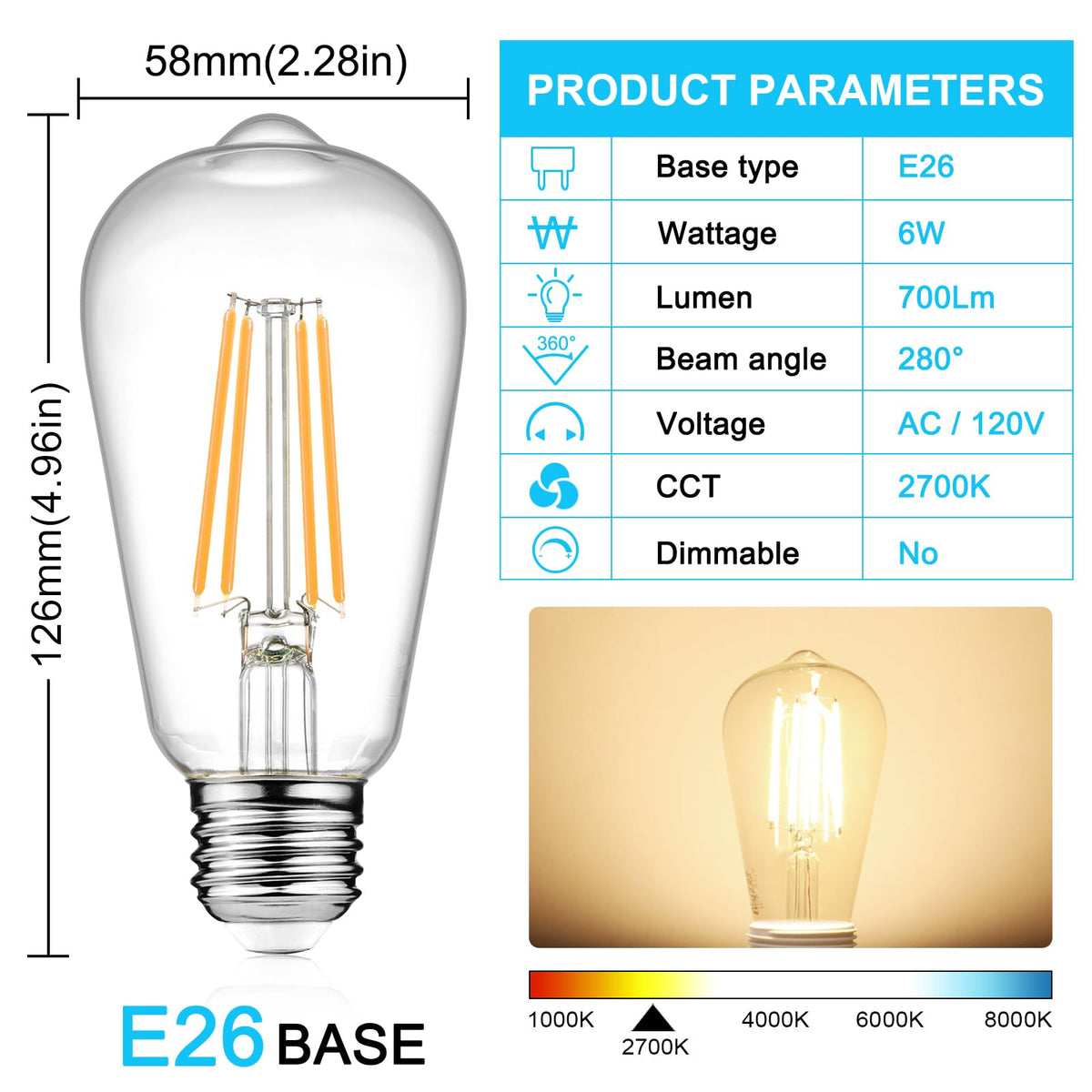Ascher Vintage LED Edison Bulbs, ST58, 6W, E26 (4 Pack)