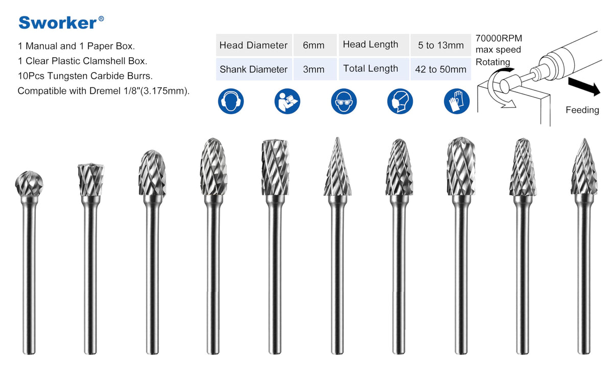 Sworker Carbide Burrs Set, 10Pcs, 1/8" Shank, for Dremel