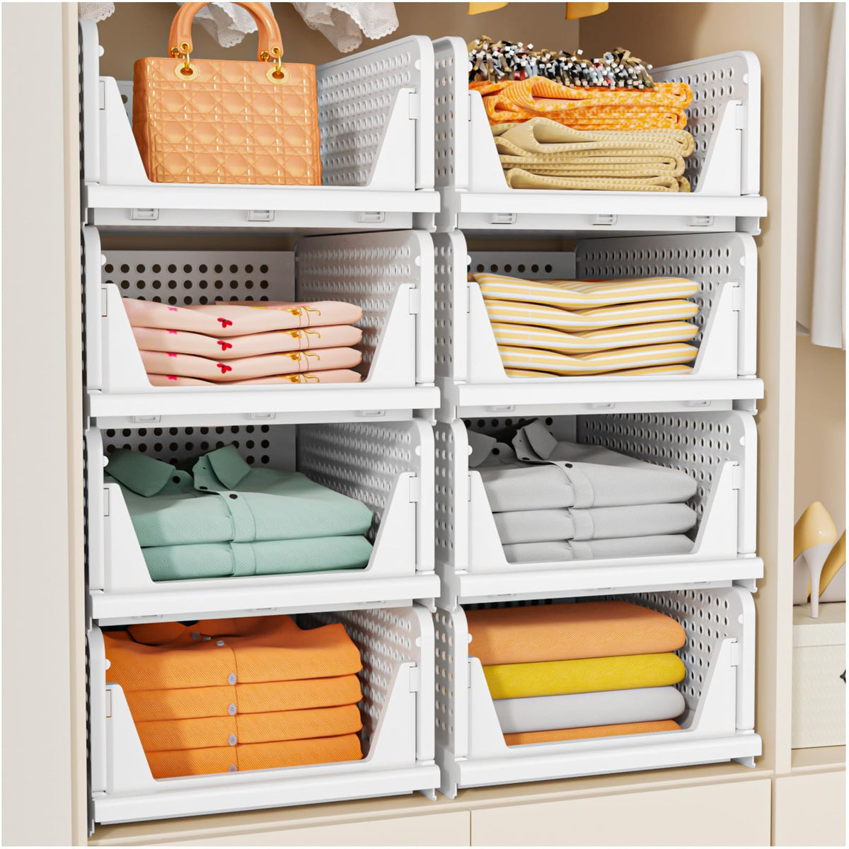 SNSLXH Foldable Stackable Closet Organizer Boxes, White (5 Pack)