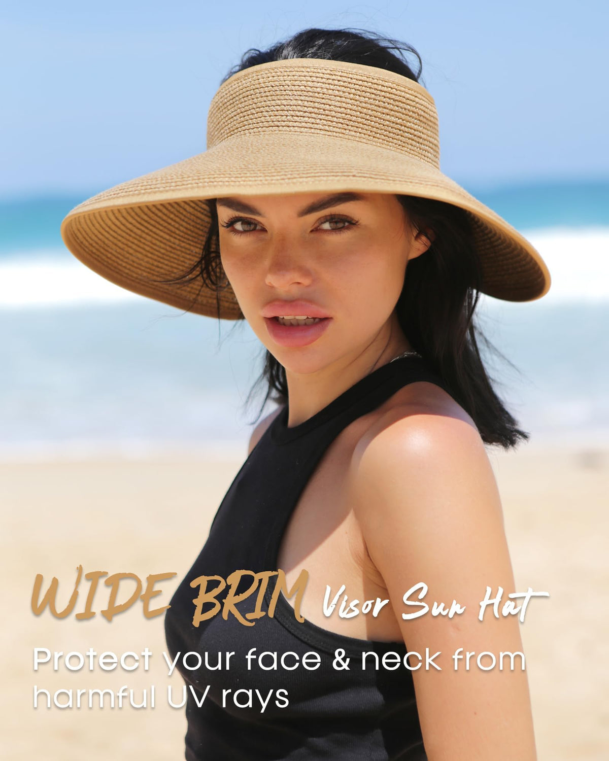 Furtalk Women's Wide Brim Straw Sun Visor Hat, UPF 50, Foldable