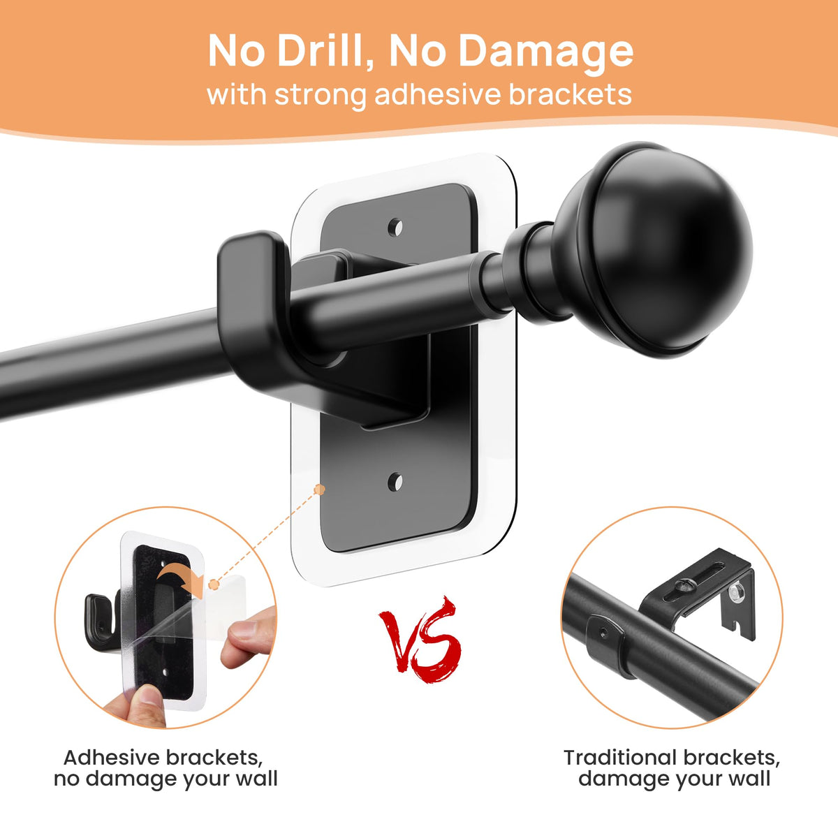 upsimples No Drill Curtain Rod, 48-84", Black