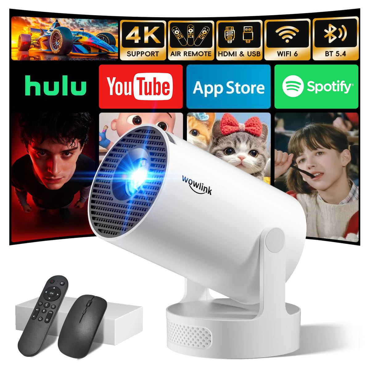 Mini Projector with WiFi 6 & Bluetooth 5.4, 4K Support, White