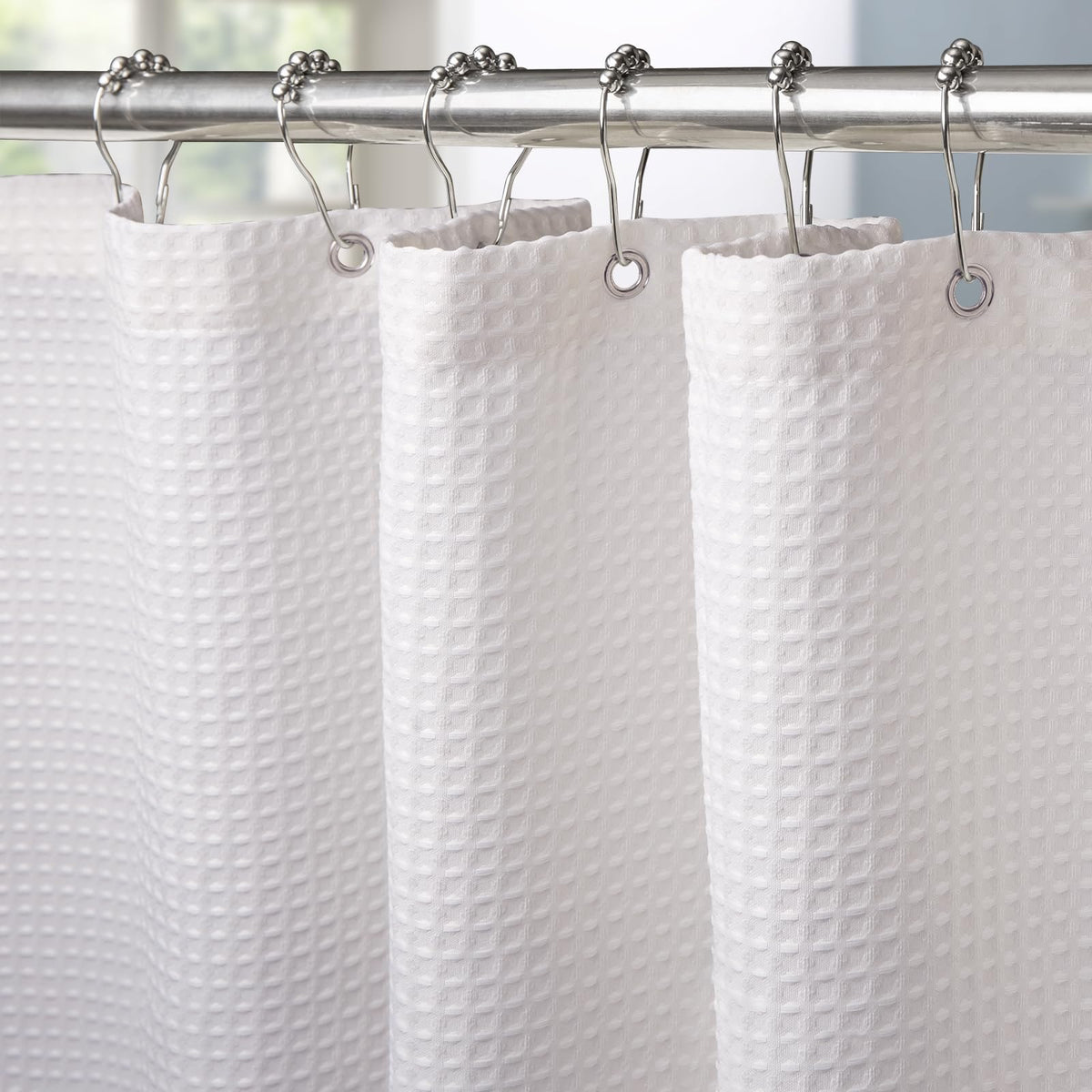 Waffle Weave Fabric Shower Curtain with Hooks, 72" x 72", White