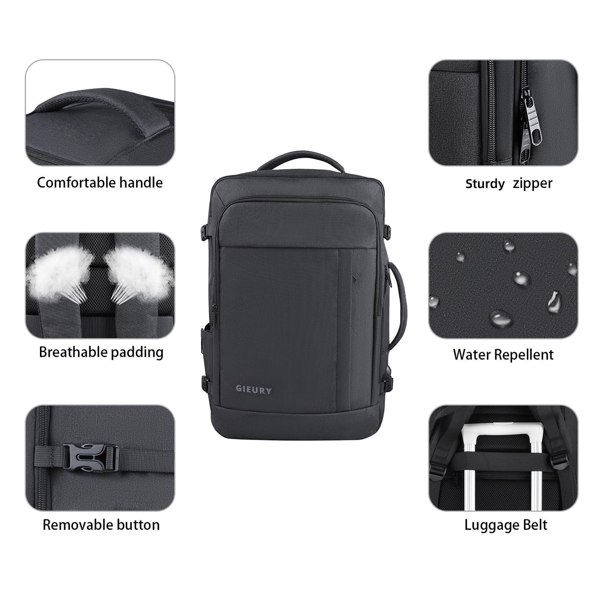 Carry On Travel Backpack, 50L, Expandable to 40L, Black