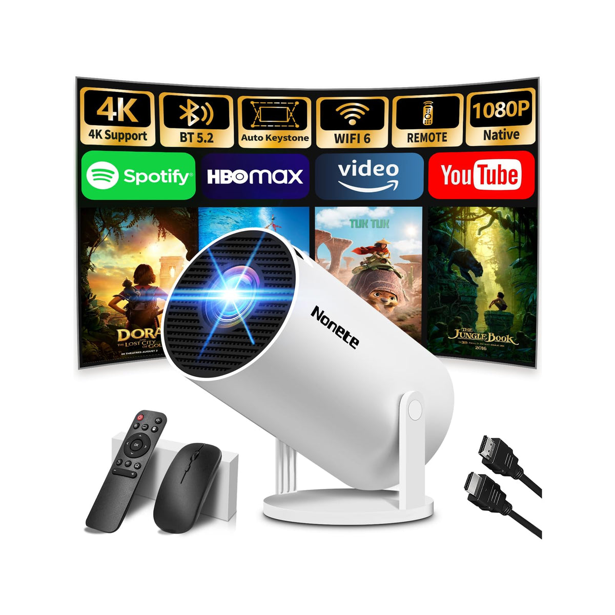 Mini Projector with WiFi 6 & Bluetooth 5.2, 4K Support, White