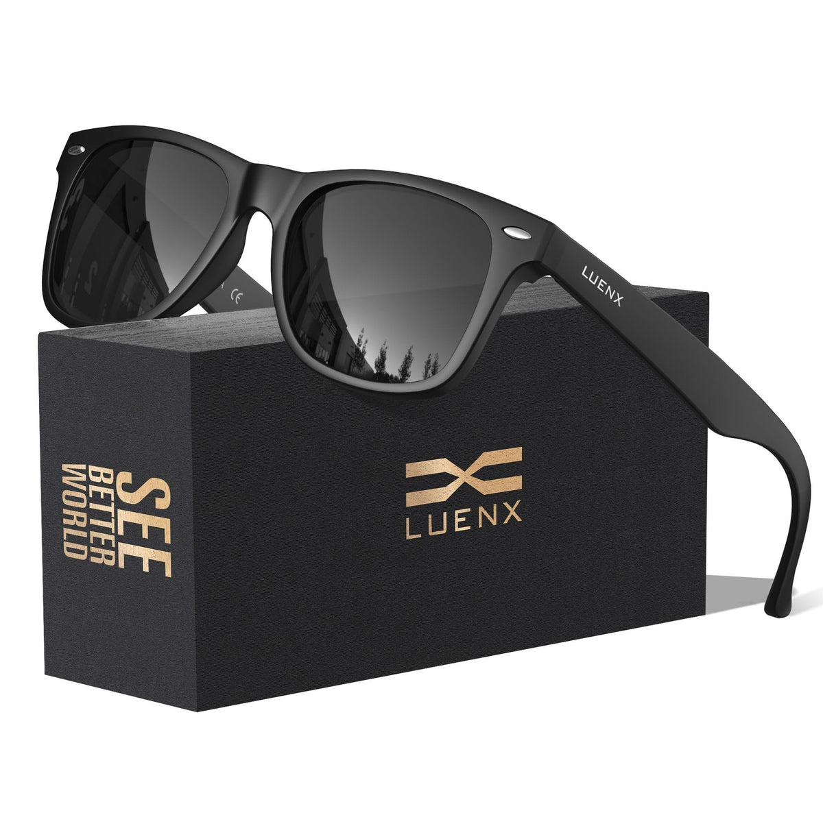 LUENX Square Polarized Sunglasses, Matte Black, 54 mm