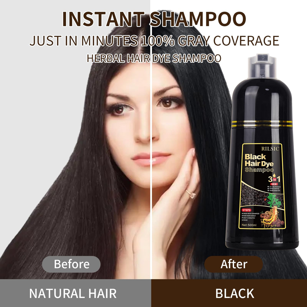 Hair Color Shampoo 3-in-1 for Grey Hair, Natural Black, 500ML