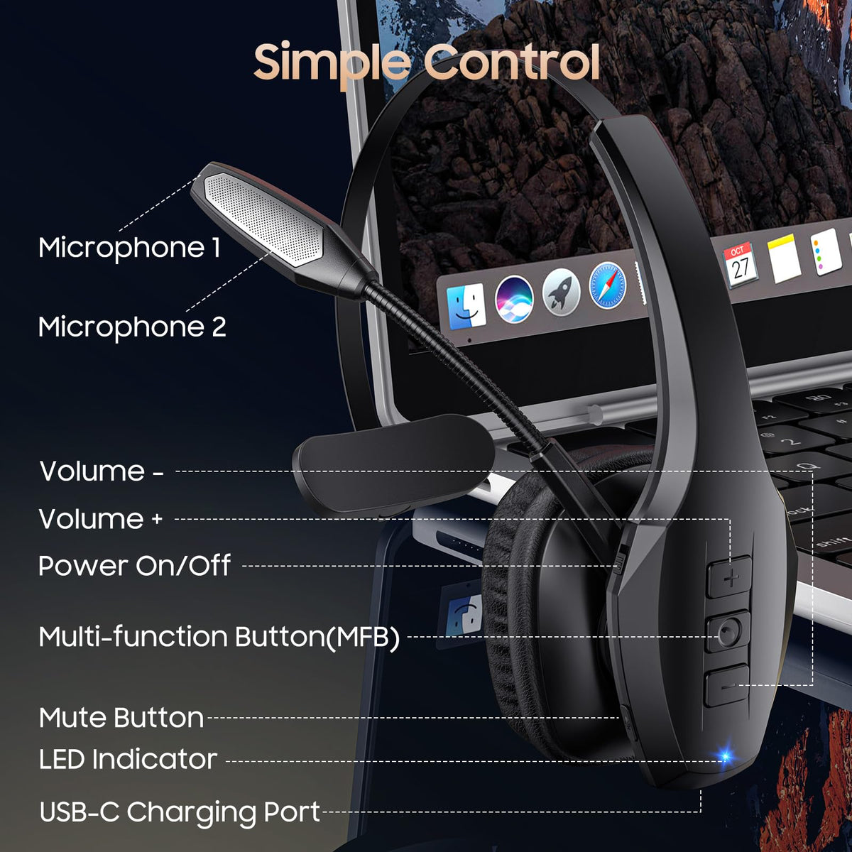 Bluetooth Trucker Headset with Microphone, Noise Cancelling, On-Ear