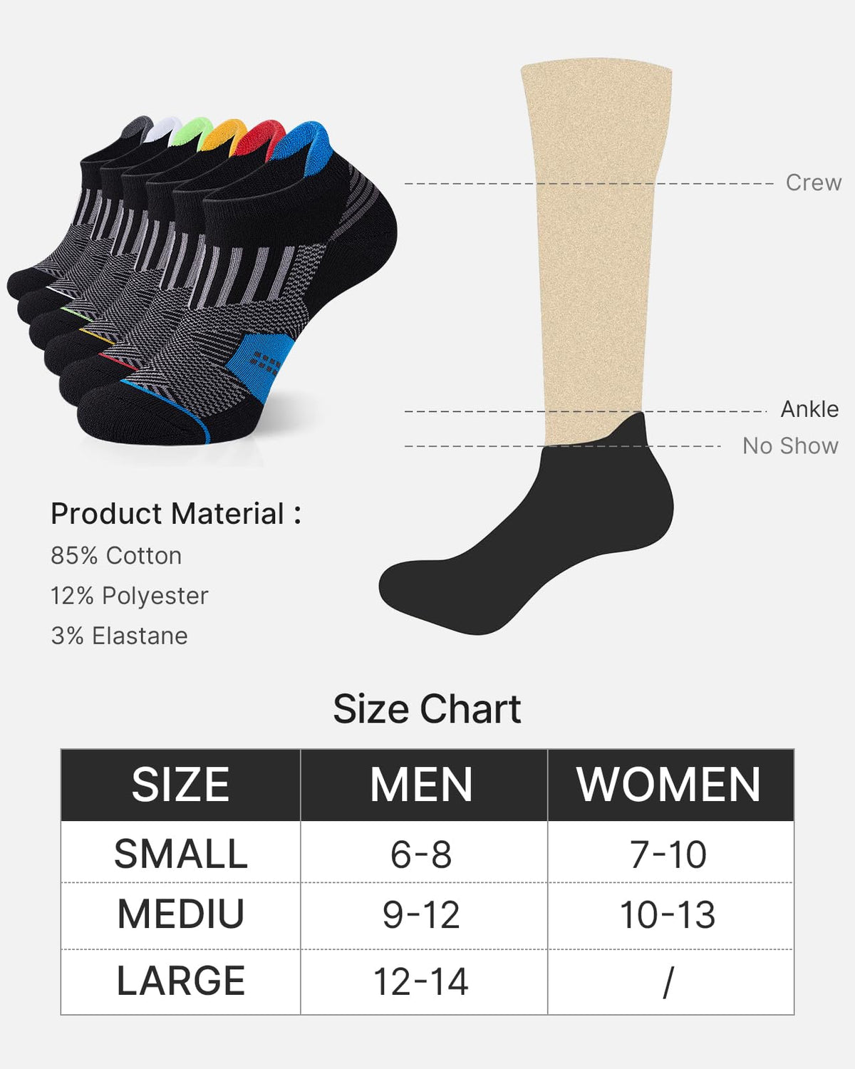 Niorasen Men's Low Cut Ankle Socks, 6 Pairs, Multicolor, 9-12
