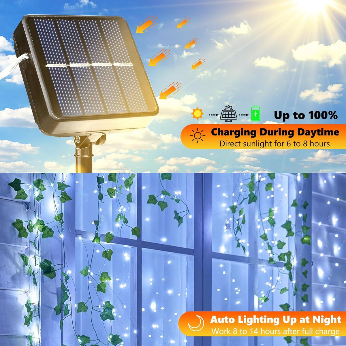 Lomotech Solar Fairy String Lights, 66 ft Total, White (2 Pack)