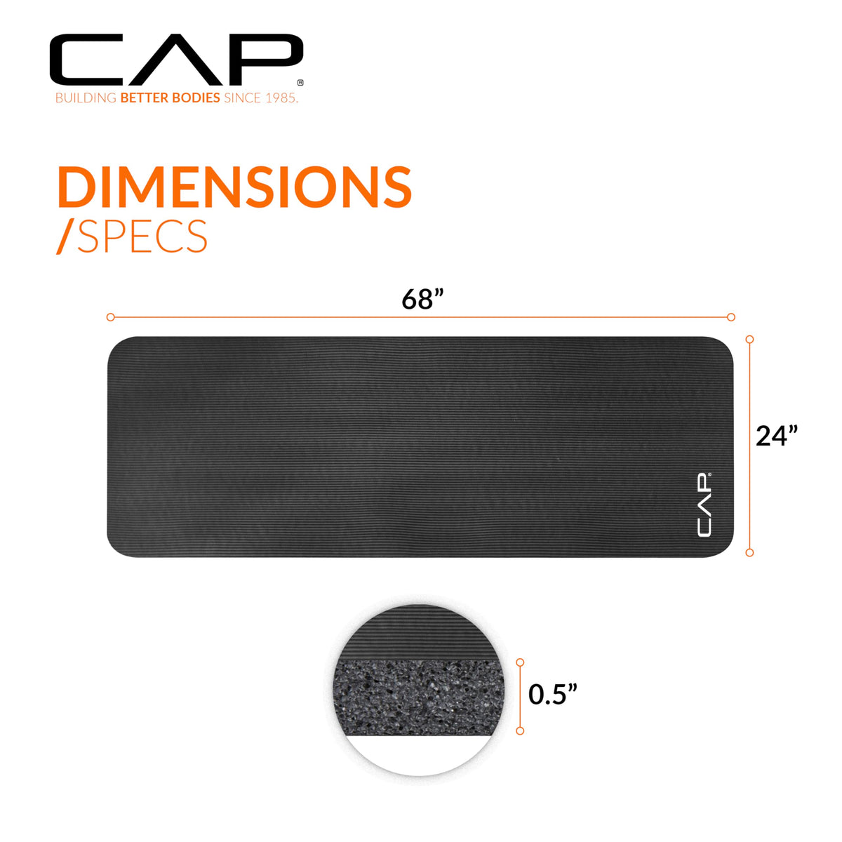 CAP Barbell Yoga Mat with Carrying Strap, 68" x 24" x 1/2", Black