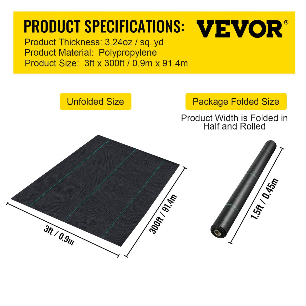 VEVOR Weed Barrier Fabric, 3FTx300FT, Heavy Duty 3OZ