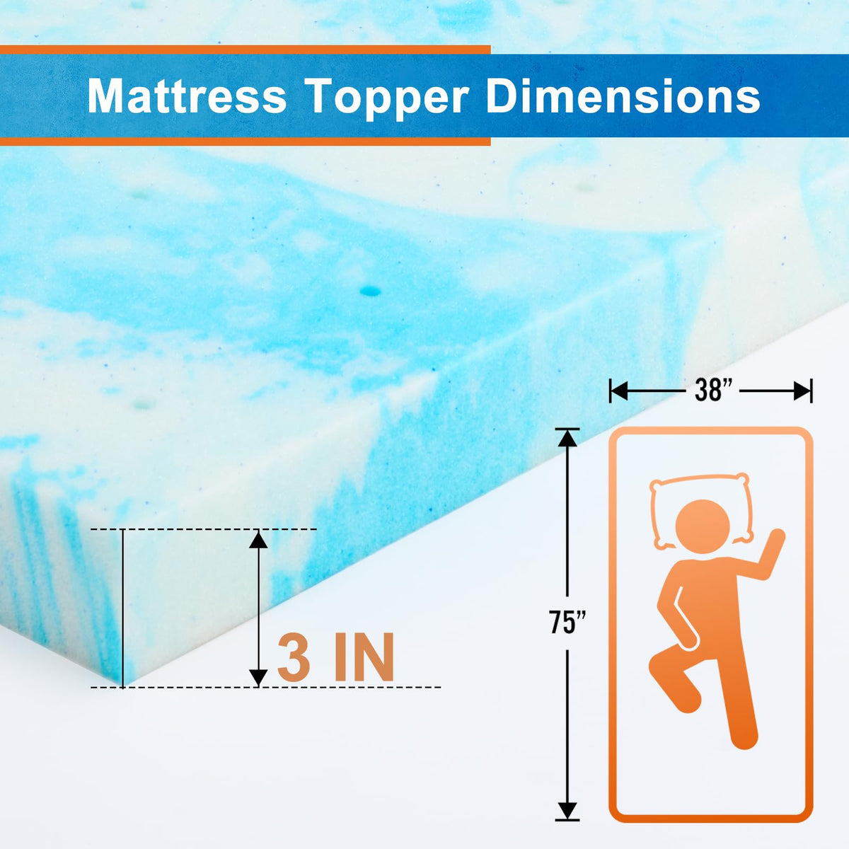 Sweetcrispy 3 Inch Twin Memory Foam Mattress Topper, Blue