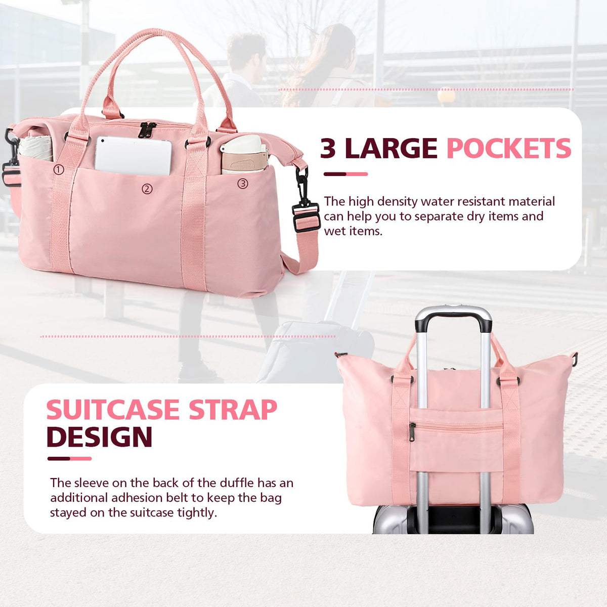 EASYFUN Waterproof Travel Duffle Bag with Trolley Sleeve, Pink