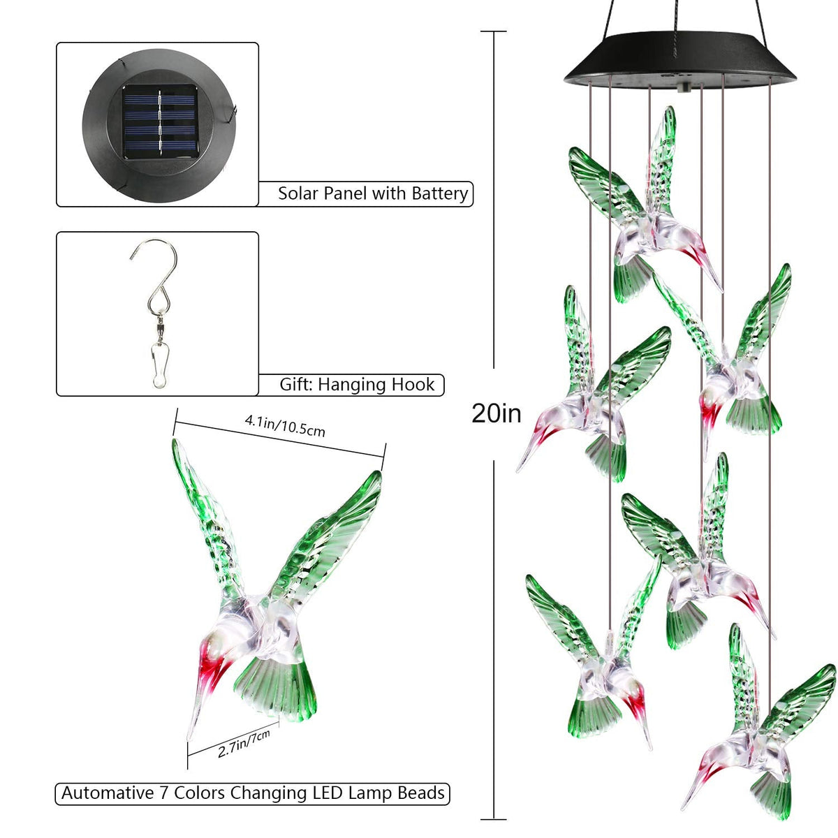Toodour Colour Changing Solar Hummingbird Wind Chimes