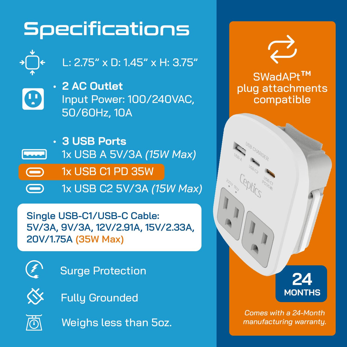 Ceptics World Travel Adapter Kit with 2 USB and 2 US Outlets, WPS-2B+