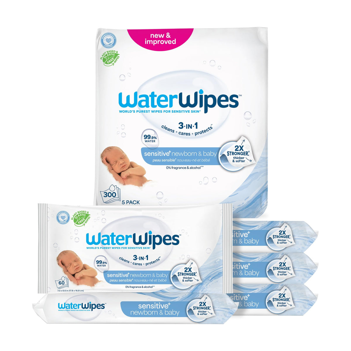 WaterWipes Sensitive+ Newborn & Baby Wipes, 300 Count (5 Packs)