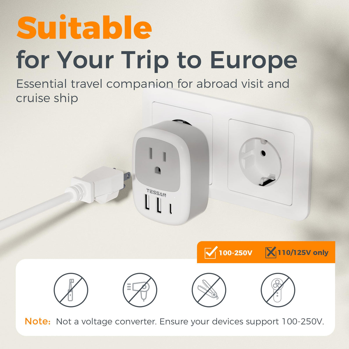 TESSAN Canada to European Travel Adapter, 2 Pack