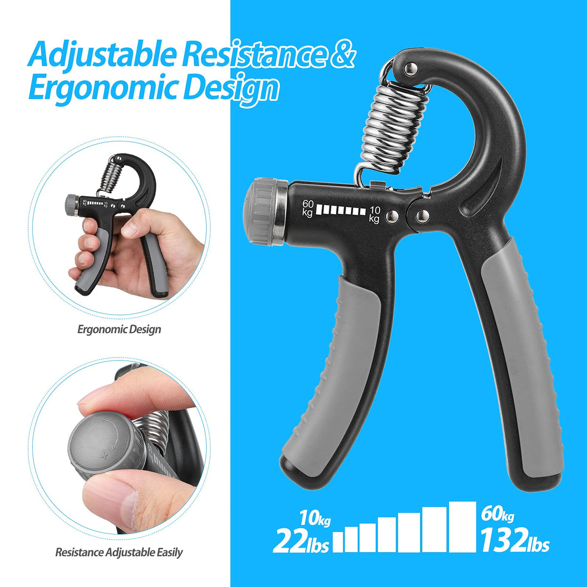 NIYIKOW Adjustable Hand Grip Strengthener, 10-60 kg, Grey (2 Pack)