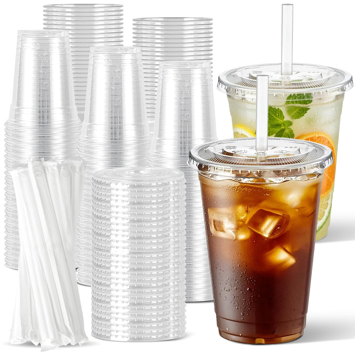 Joyeux Clear Plastic Cups with Lids and Straws, 16 oz, 100 Pack