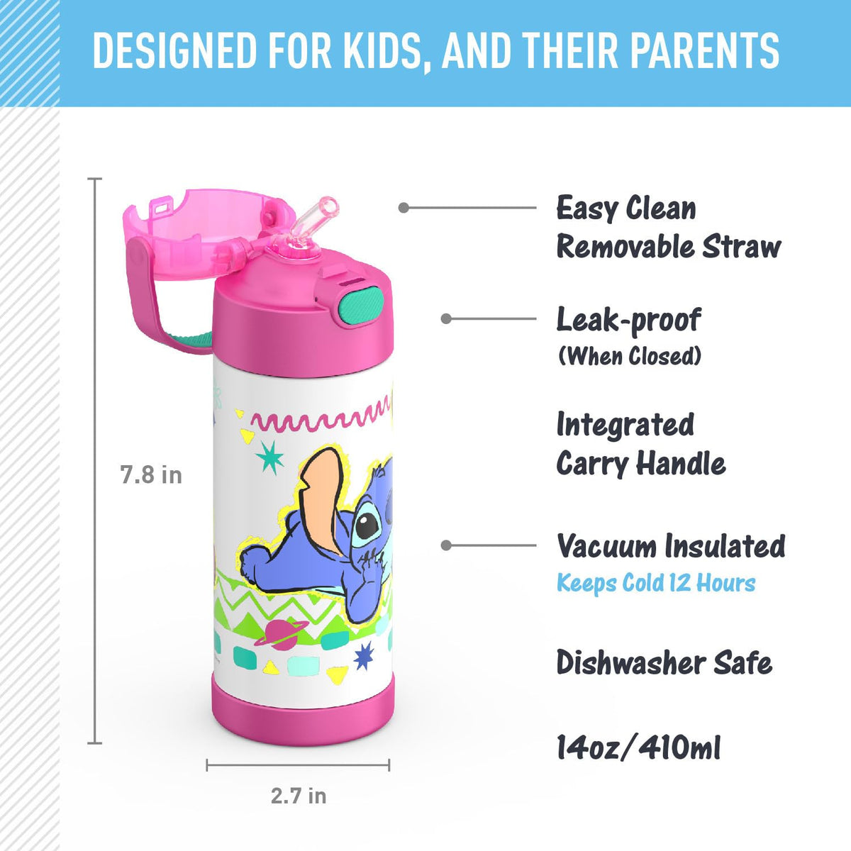 Thermos Funtainer Water Bottle with Straw, 14oz, Stitch