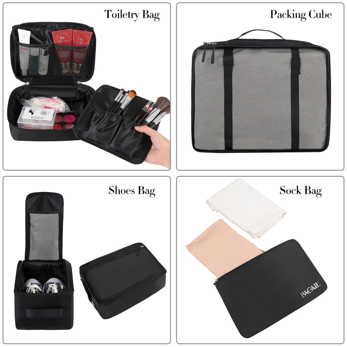 BAGAIL 8-Piece Packing Cubes Set, Jet Black
