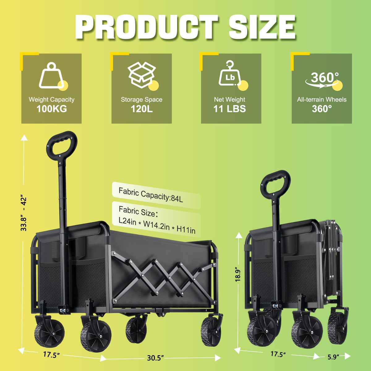 Collapsible Folding Utility Wagon Cart, 100 kg, Black