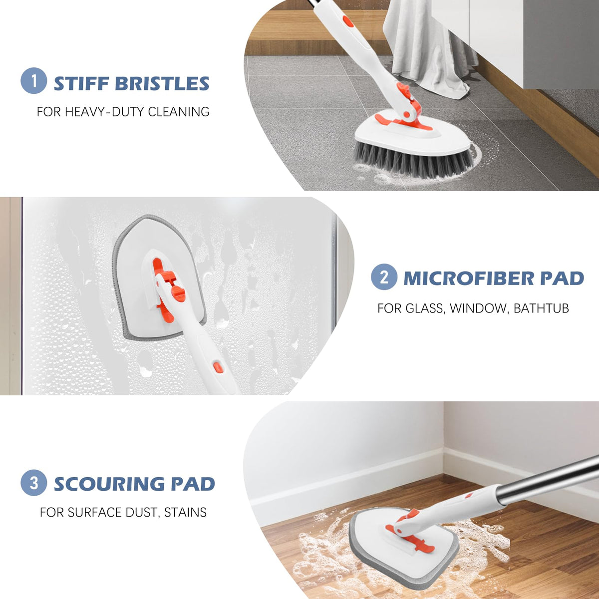 Setsail 3-In-1 Floor Scrub Brush, 52-inch Long Handle, 3 Brush Heads