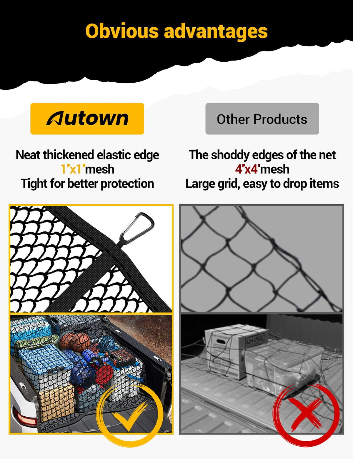 AUTOWN Stretchable Truck Bed Cargo Net with 8 Carabiners, 4' x 4'