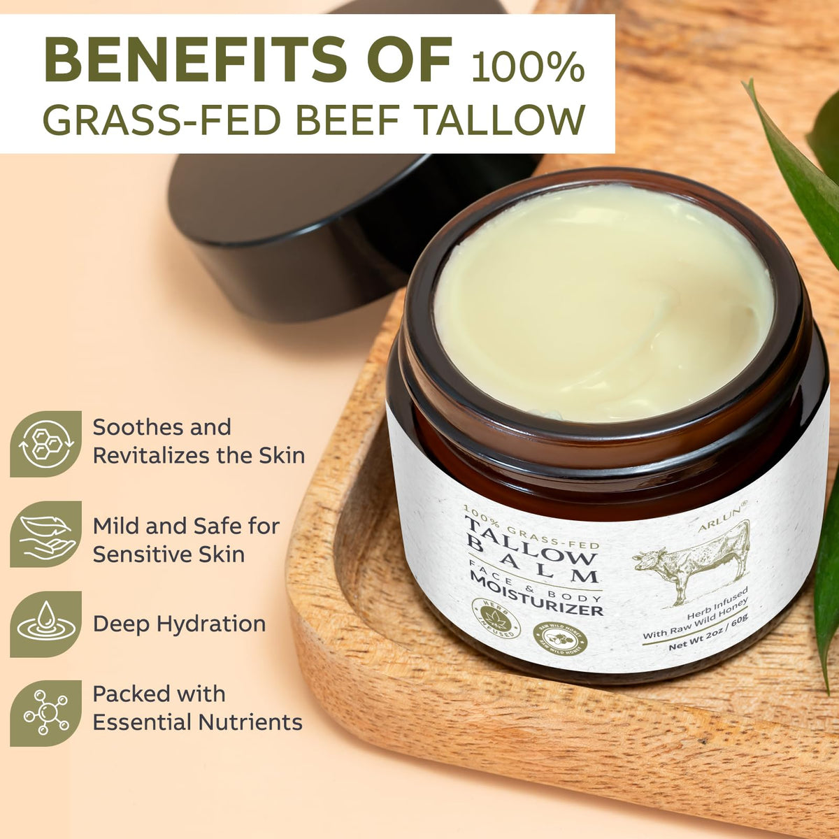 Beef Tallow and Honey Balm with Raw Honey and Olive Oil, Unscented