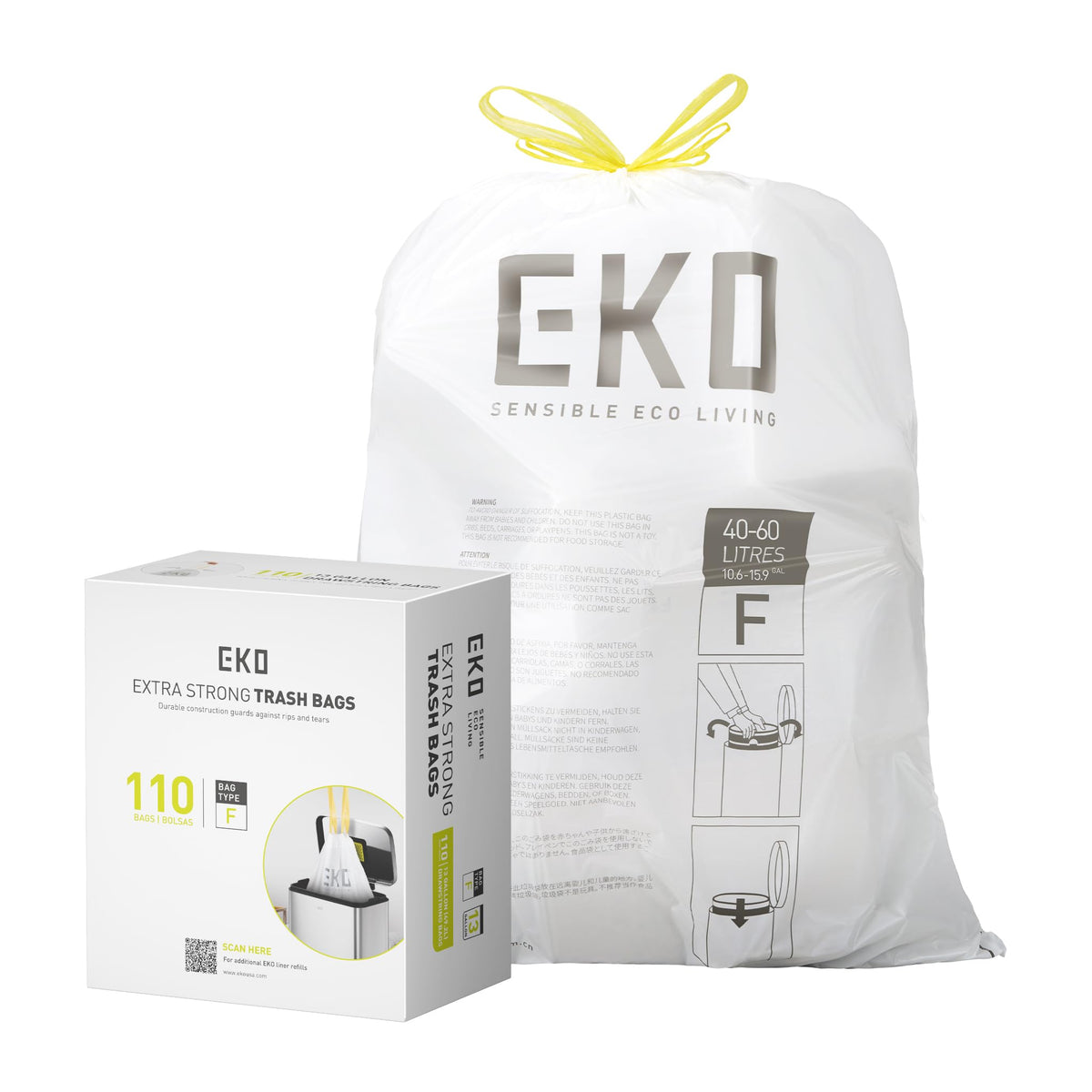 EKO Extra Strong Drawstring Trash Bags, 13 Gallon, 110 Count, Code F