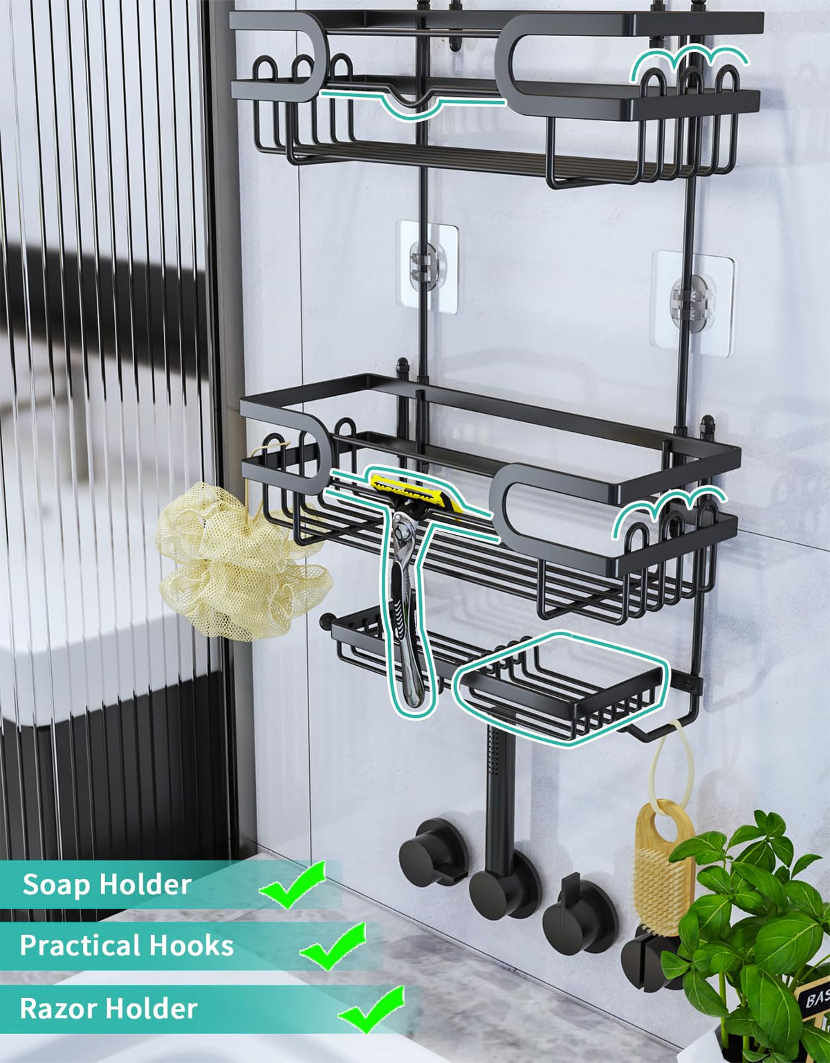 HapiRm 3-Tier Hanging Shower Caddy with 12 Hooks