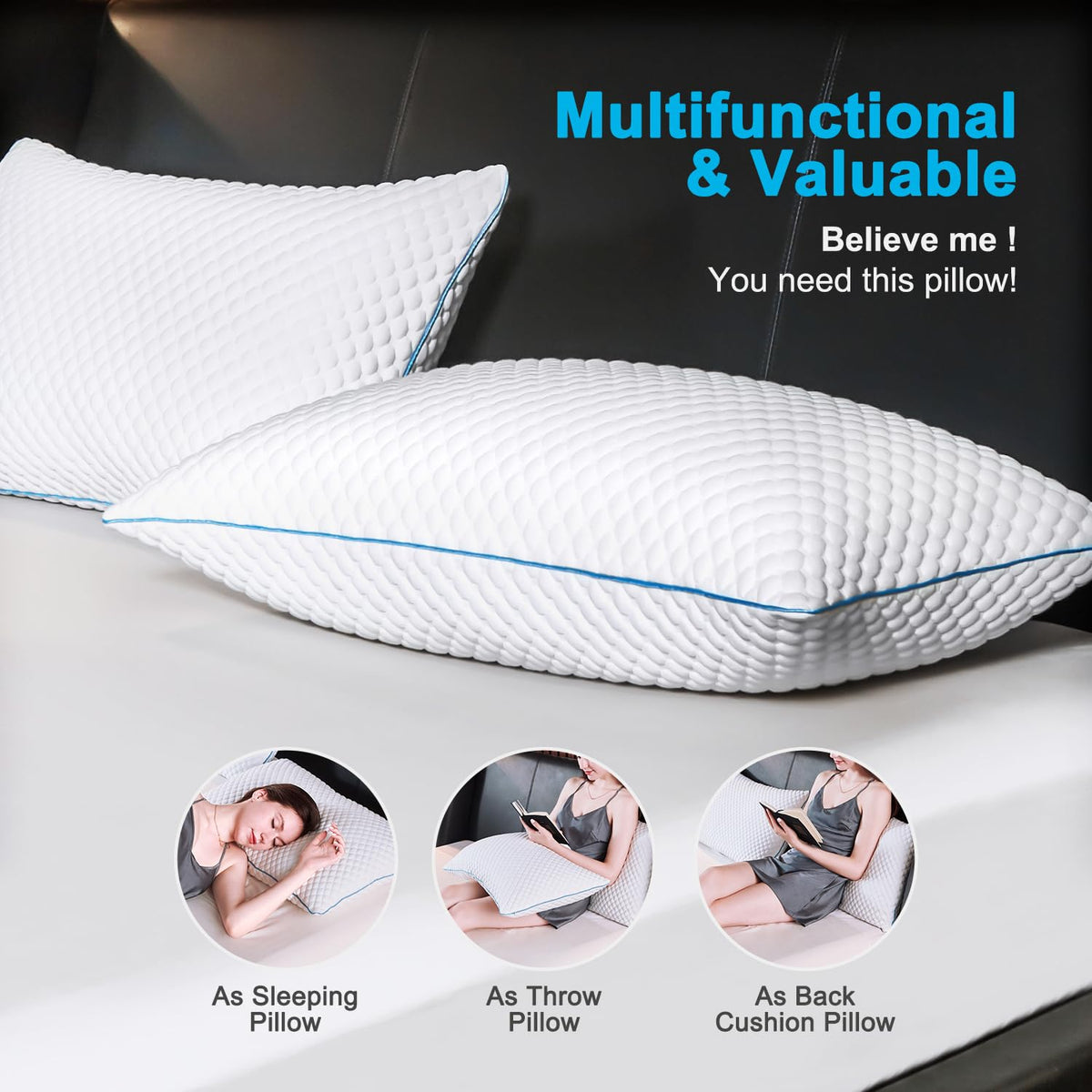 VVZ Cooling Shredded Memory Foam Pillows, Queen Size, 2 Pack