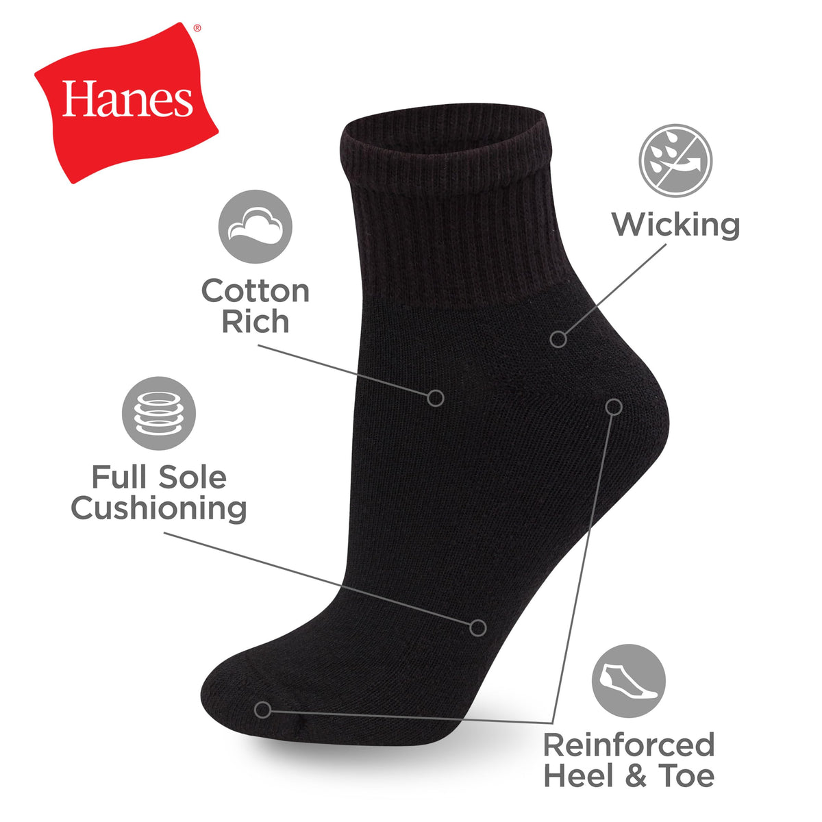 Hanes Women's Ankle Soft Moisture-Wicking Socks, Black, 14 Pack