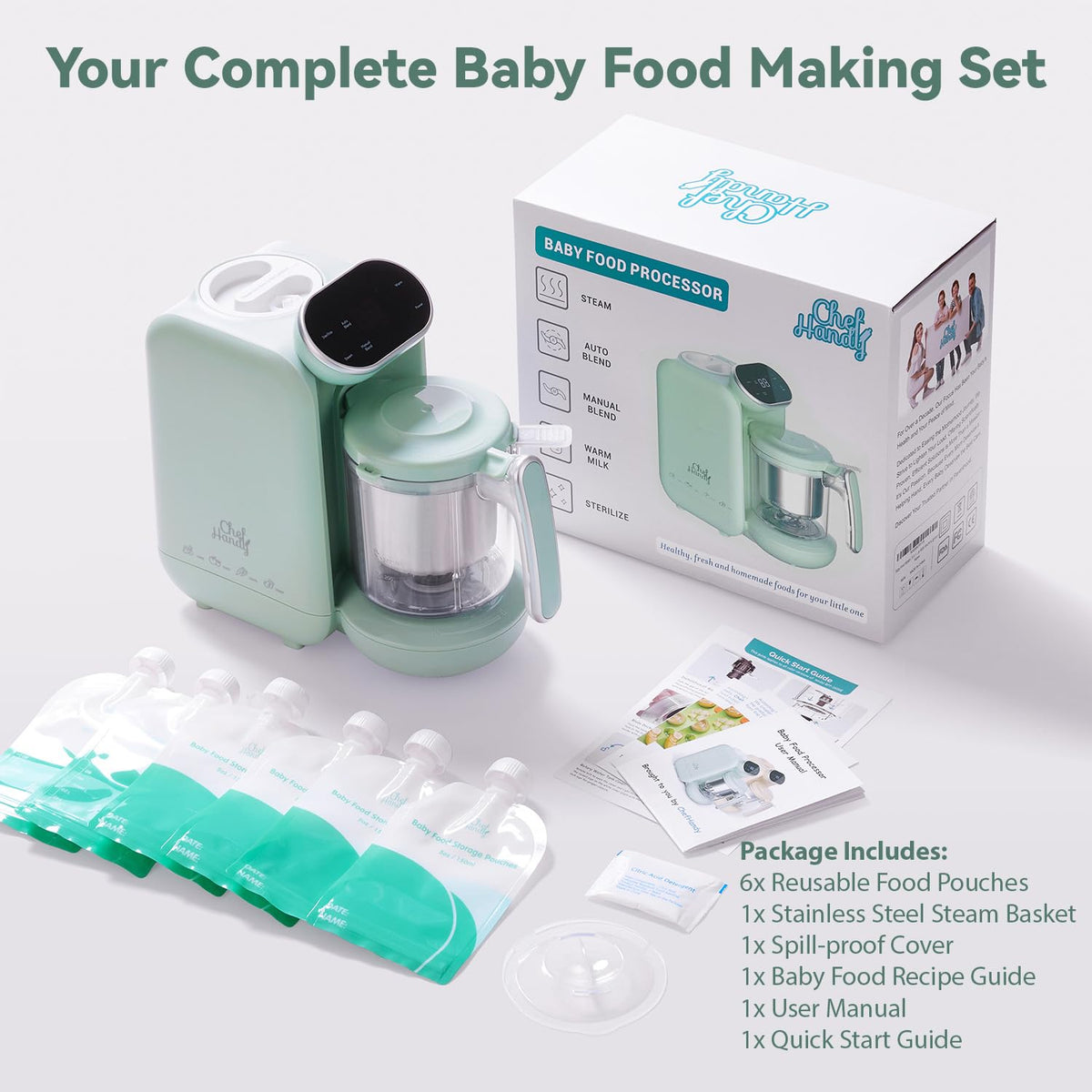Chefhandy 5-in-1 Baby Food Maker with Steam Basket, Green