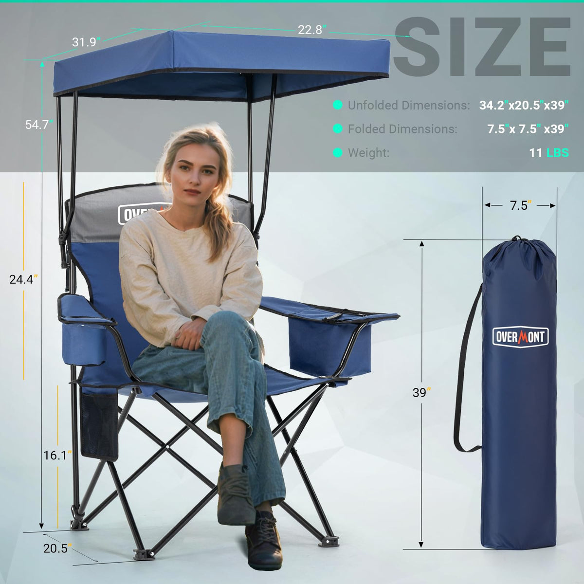 Overmont Folding Beach Chair with Umbrella and Cooler, Blue