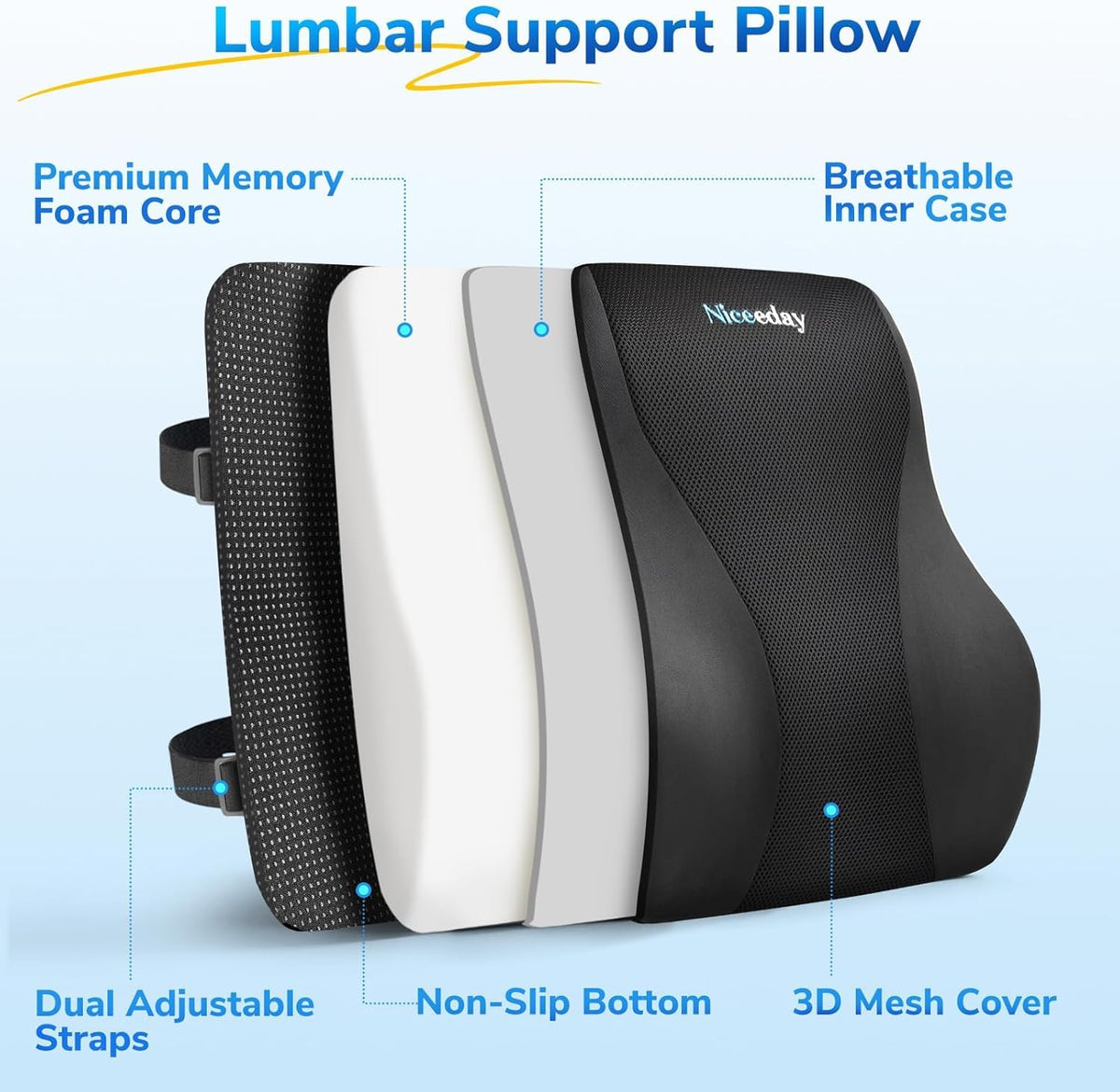 Memory Foam Lumbar Support Pillow with Mesh Cover