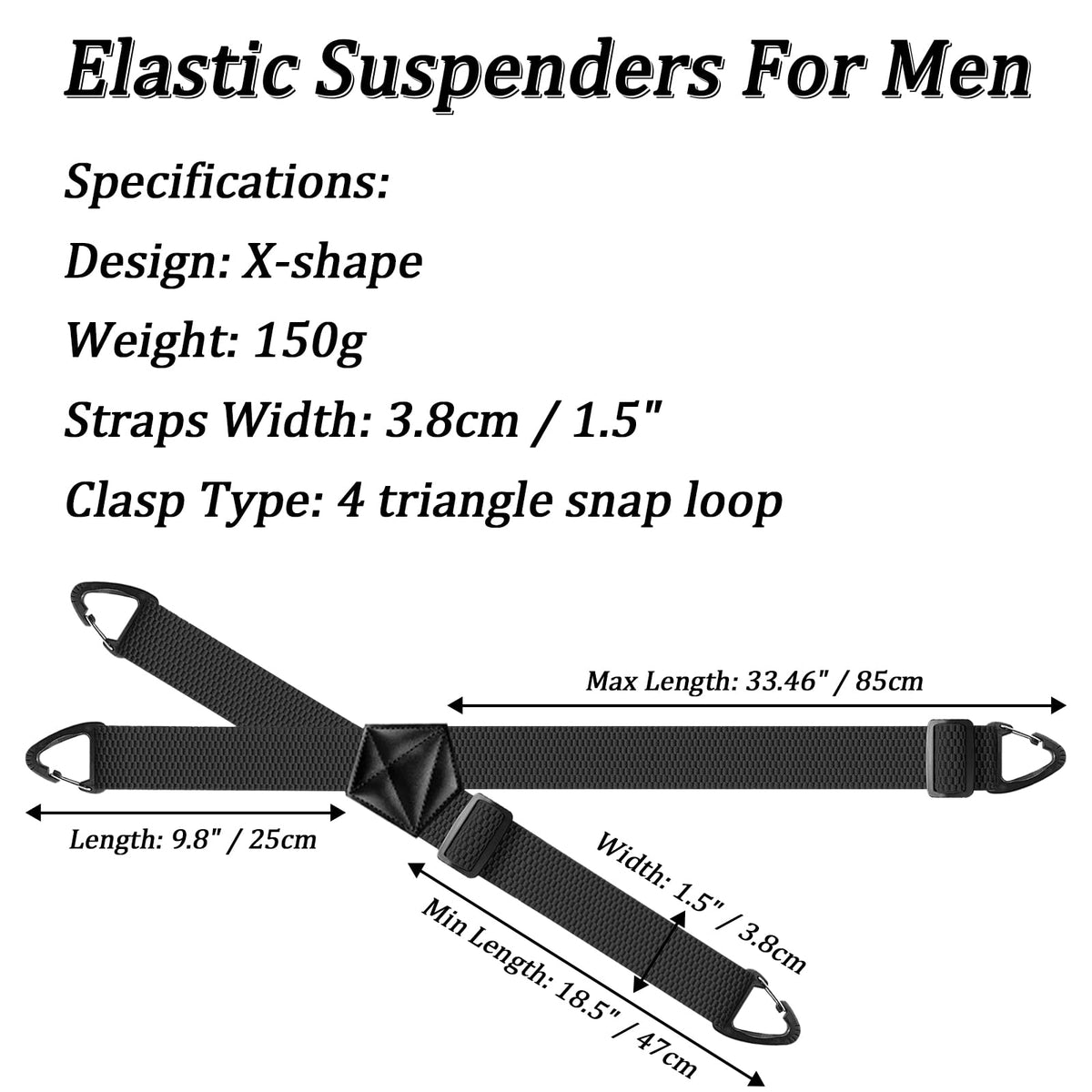 Men's Heavy Duty Elastic Suspenders, 1.5 Inch, Black