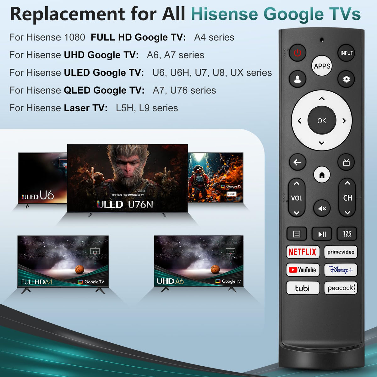 Universal Replacement Remote Control for Hisense Smart Google TVs