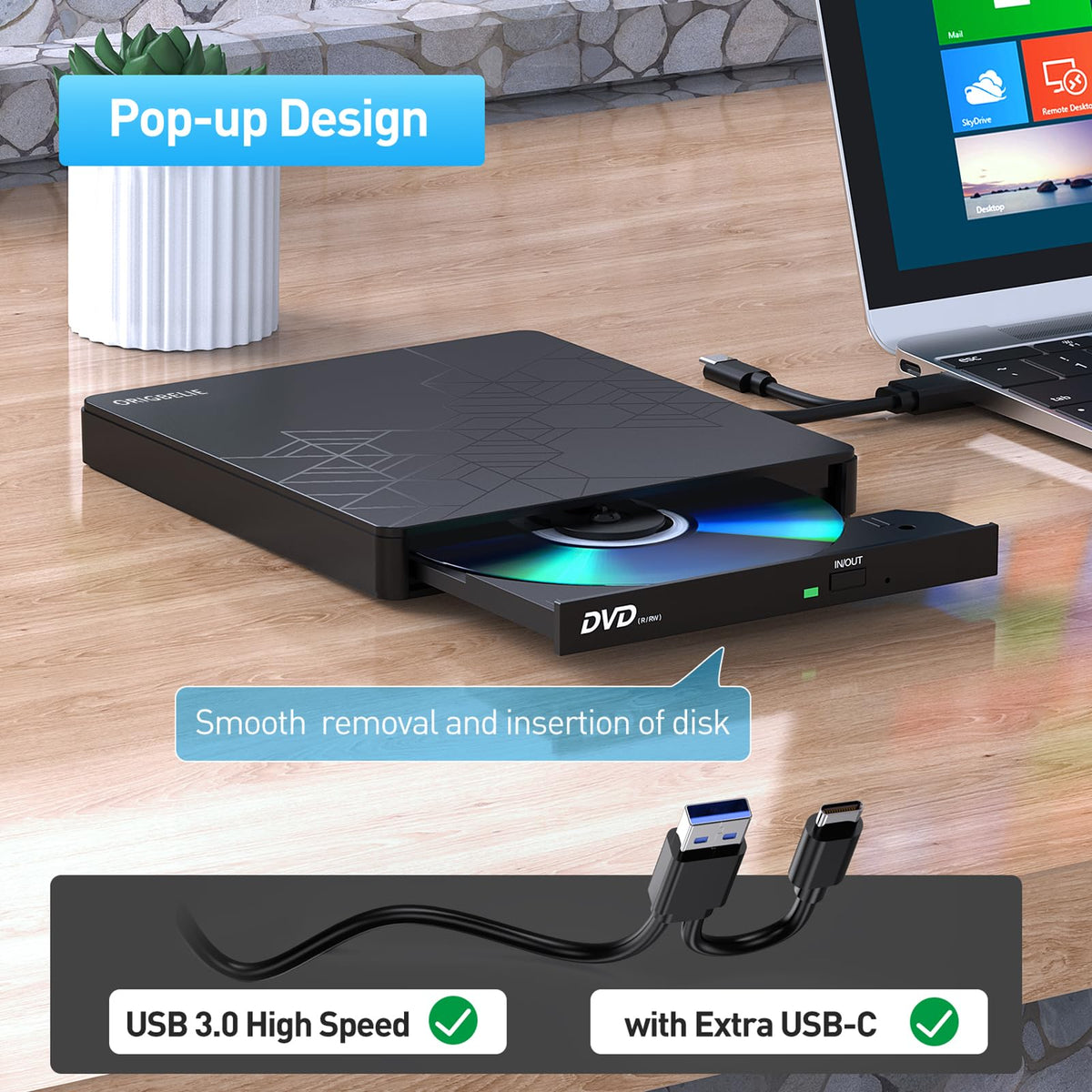 ORIGBELIE External USB 3.0/Type-C CD/DVD Drive